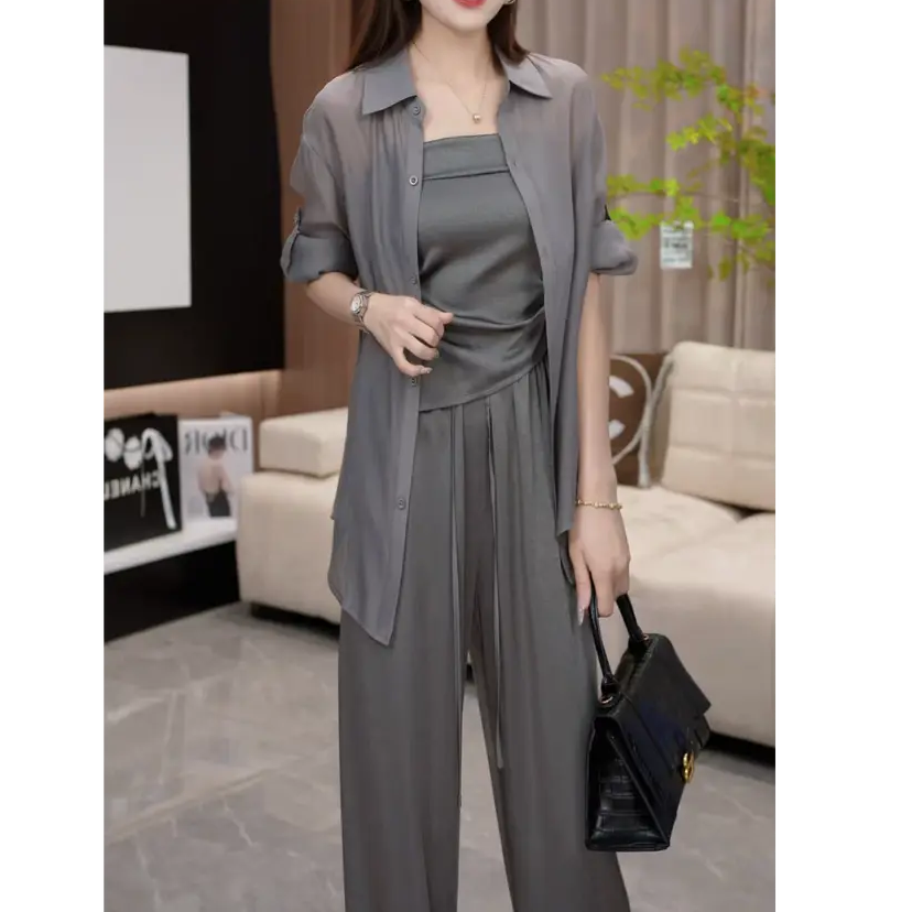 2025夏季新款纯色衬衫吊带阔腿裤套装女时尚三件套