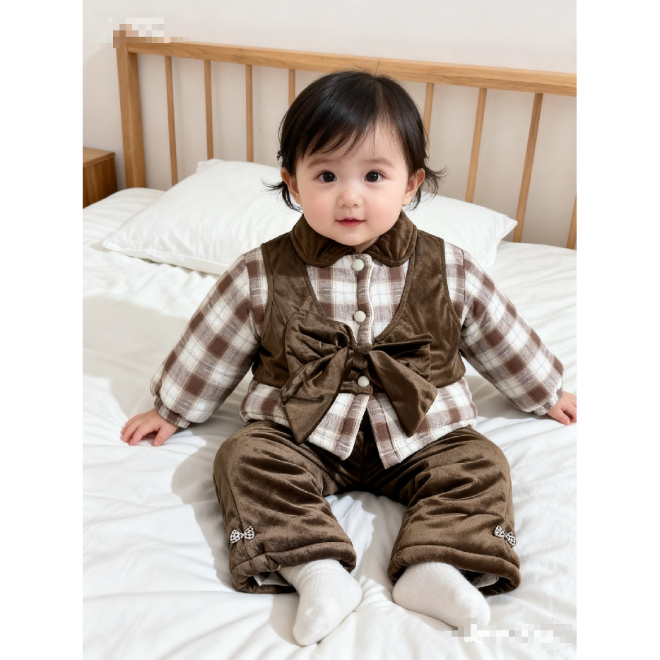 23808  女童格子蝴蝶结三层加棉可外穿加厚家居服套装