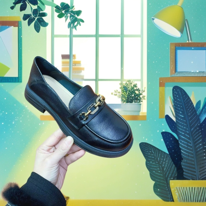 时尚英伦风平跟女士乐福鞋浅口圆头搭扣英伦风平跟百搭18696