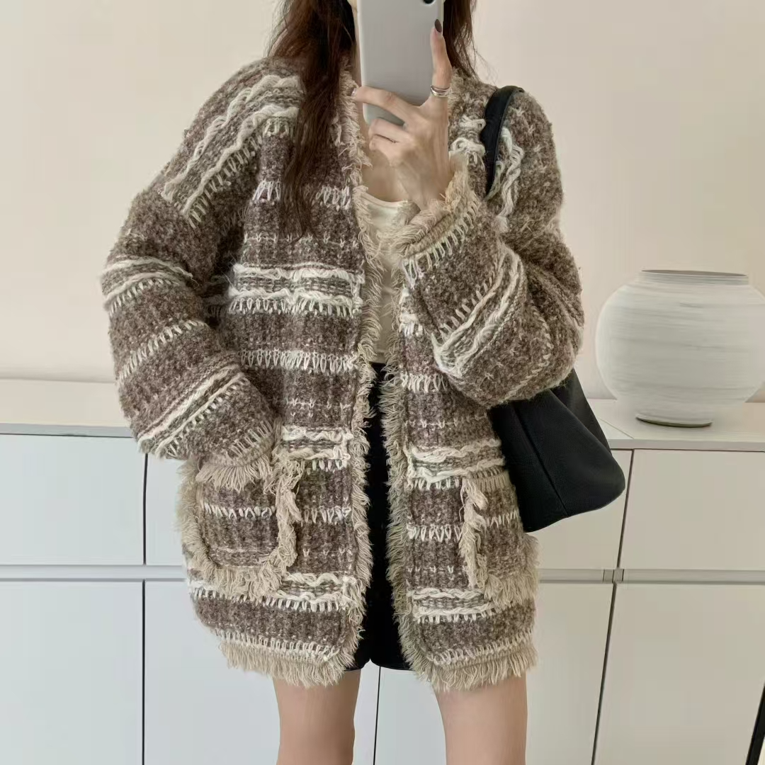 韩系网感扩版秋冬慵懒风松弛感加厚宽松显瘦流苏针织毛衣开衫外套