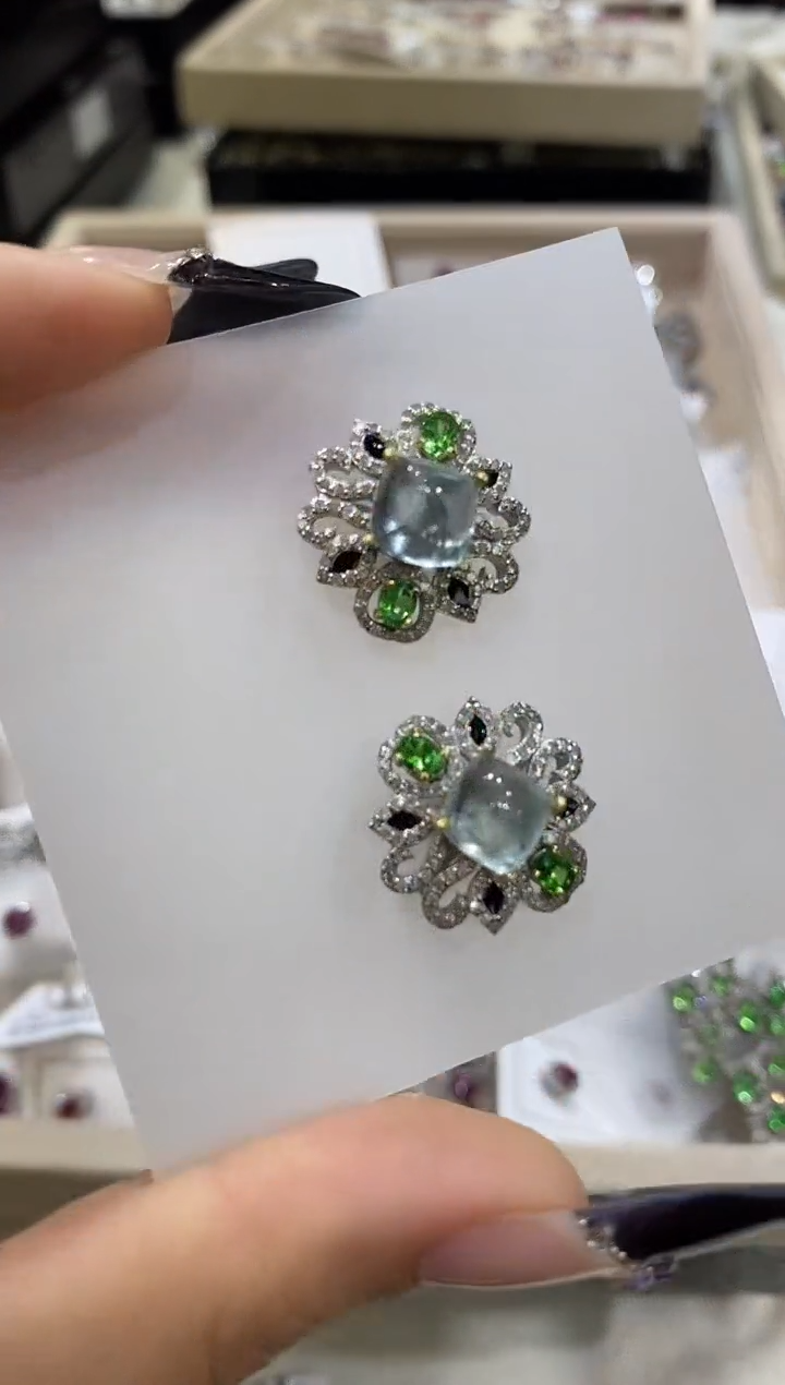 银S925镶嵌耳饰定制海蓝宝石 楚楚珠宝中古甄选不退换