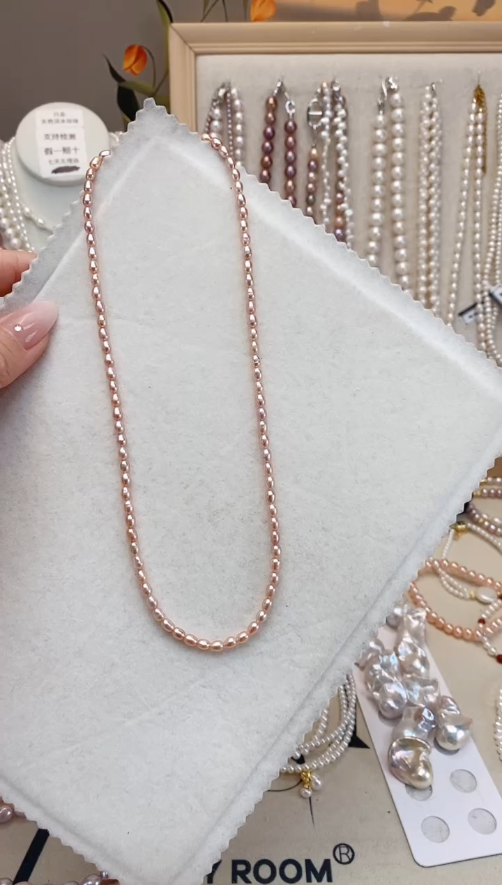 【闪购商品】淡水珍珠银S925镶嵌项链3-4M 香槟色小米项链