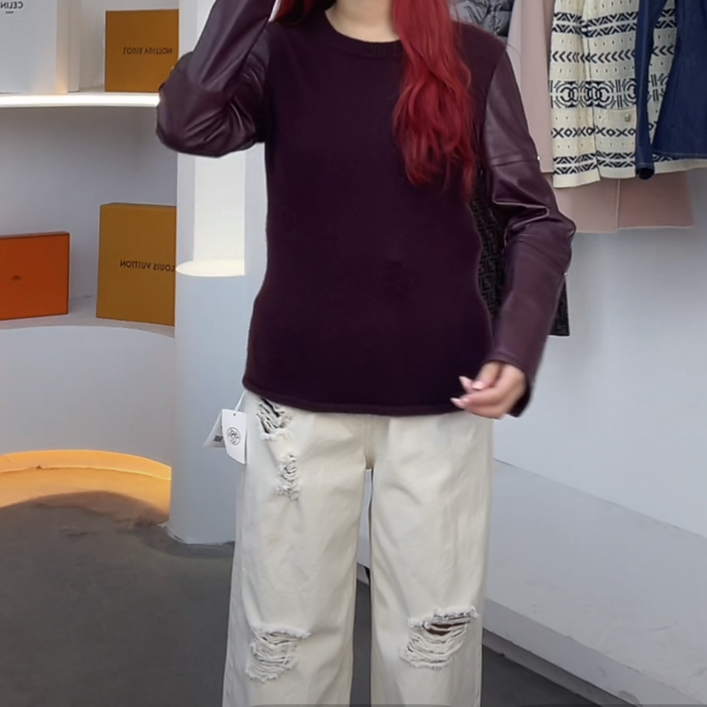 未使用 Hermes/爱马仕 酒红色女士长袖皮革针织套头衫 酒红色40