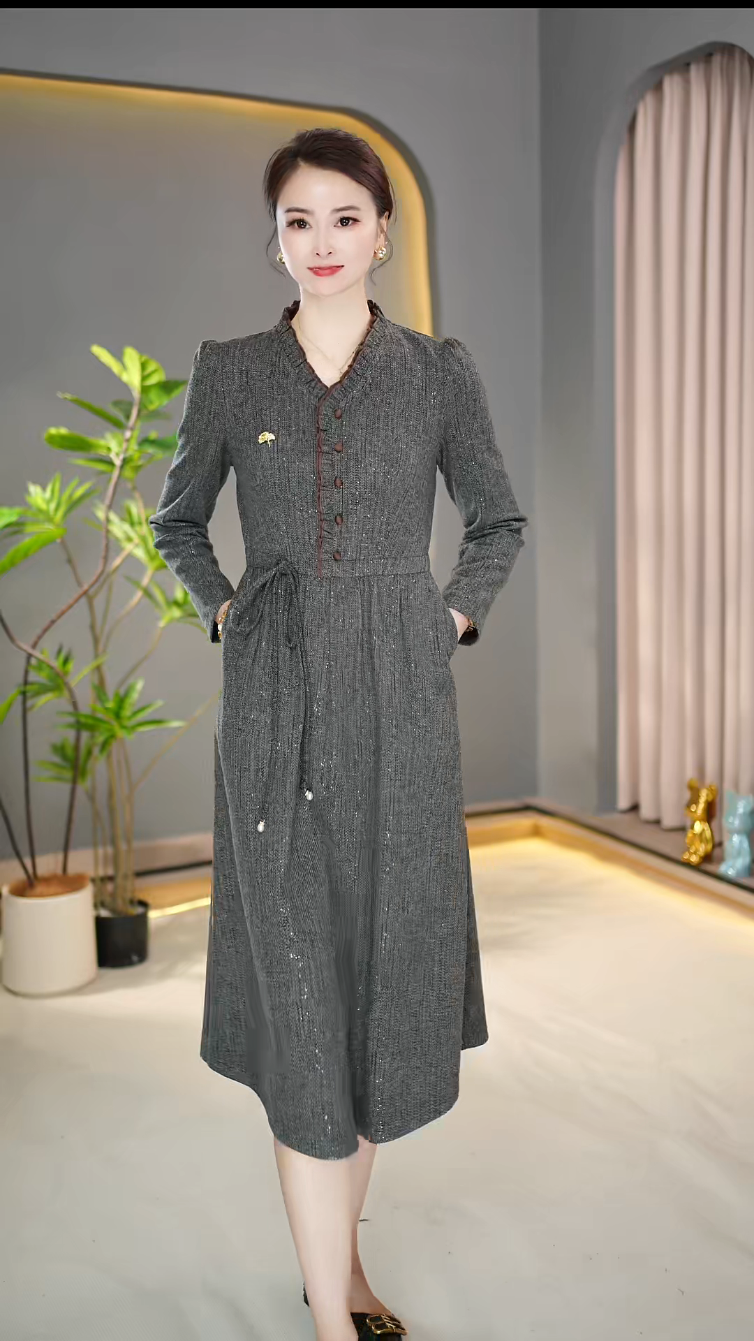 街头风提花常规连衣裙长袖中长裙高腰修身显瘦轻熟风女士连衣裙