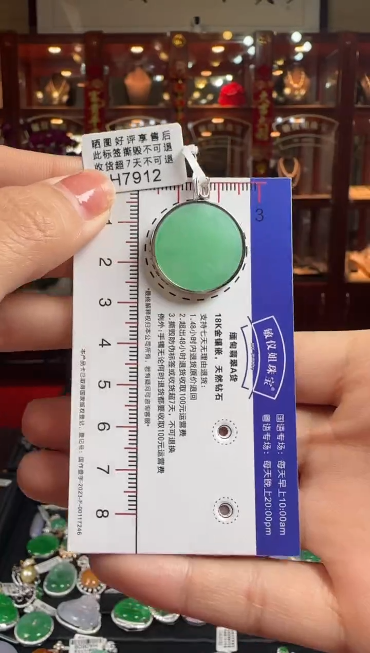 【闪购商品】翡翠颈饰18K金镶嵌H7912冰绿无事牌