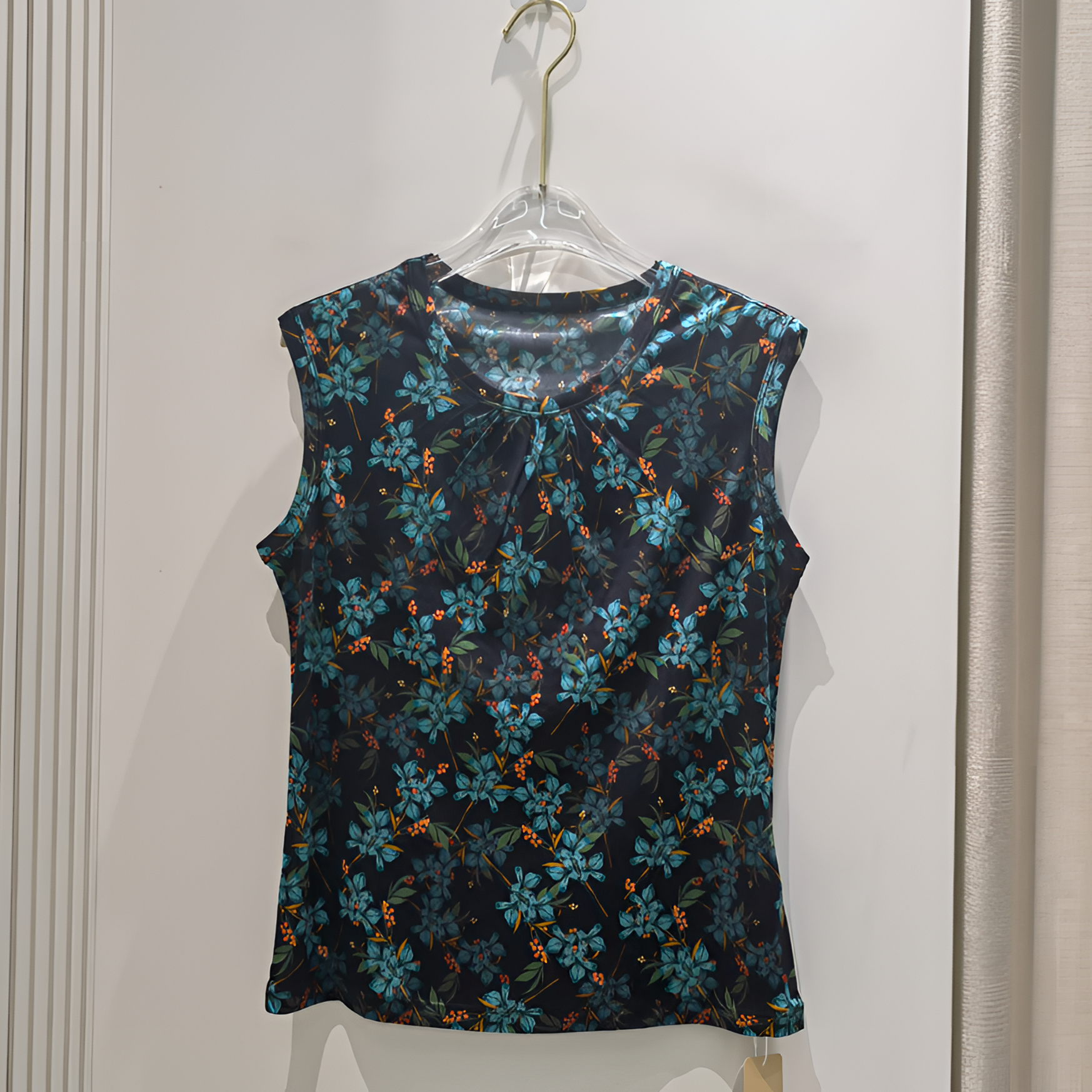 42针桑蚕丝背心女真丝印花圆领抽褶坎肩内搭打底针织上衣3938y