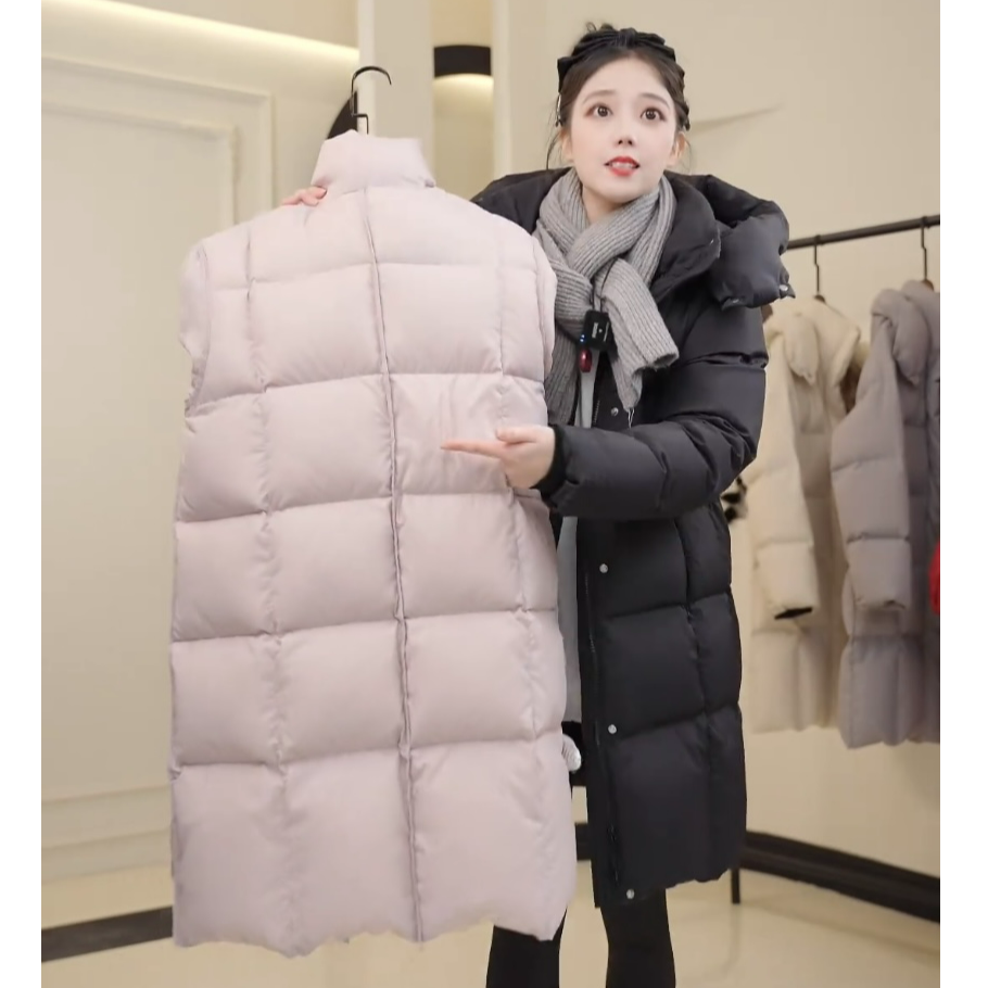 中长款气质百搭韩版黑袖口羽绒服女宽松冬装加厚韩版连帽休闲