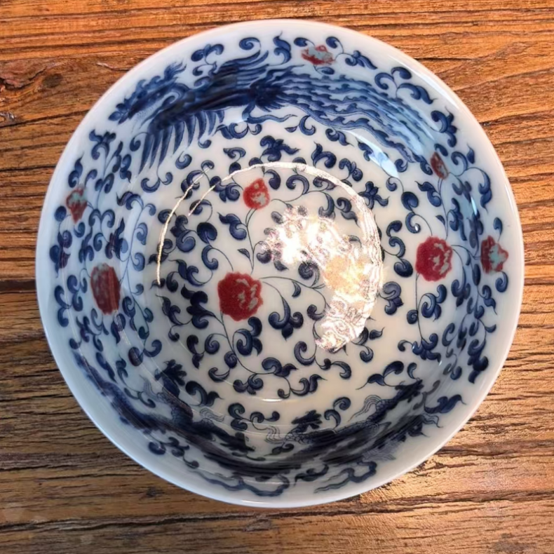 【小鱼专属】青花釉里红龙凤穿花普洱杯DC111