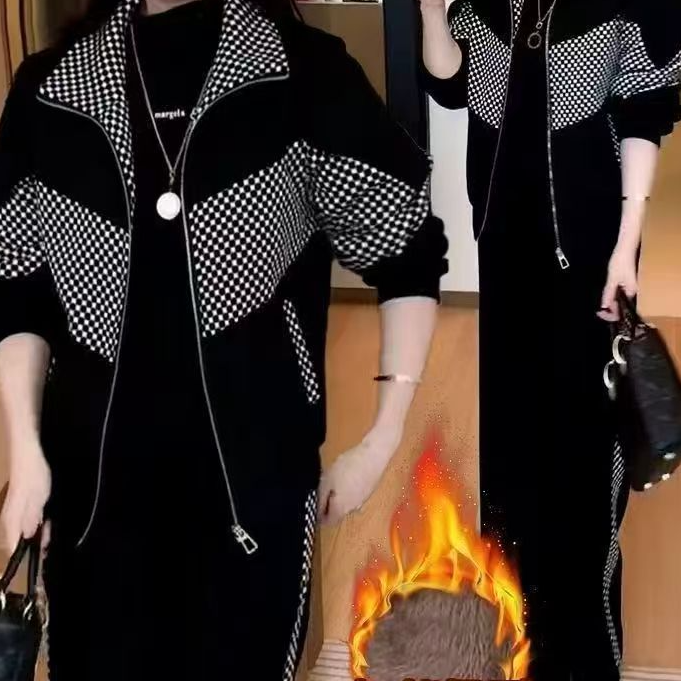 现货（3-5运补）高级感格纹两件套女2025新款百搭显瘦加绒套装女