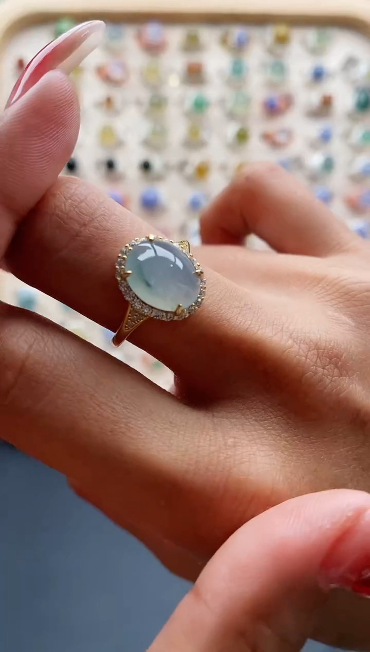 【闪购商品】翡翠戒指银S925镶嵌缅甸天然A货翡翠222 8+4