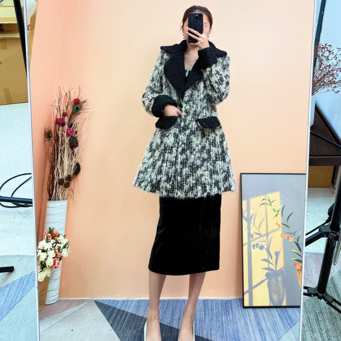 [依易原创]气质西装大翻领小香风细闪银丝廓形遮肉大衣B0201