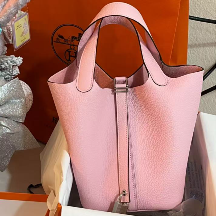 未使用 Hermes/爱马仕 菜篮子18 樱花粉 tc皮 W刻