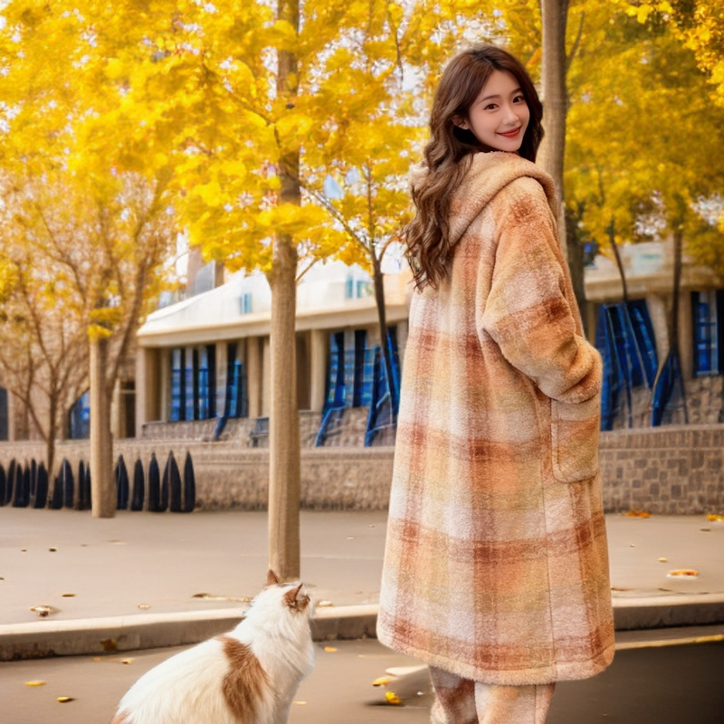 新款！落日黄叶成人连帽保暖厚款长款睡衣秋冬季女装气质时尚女