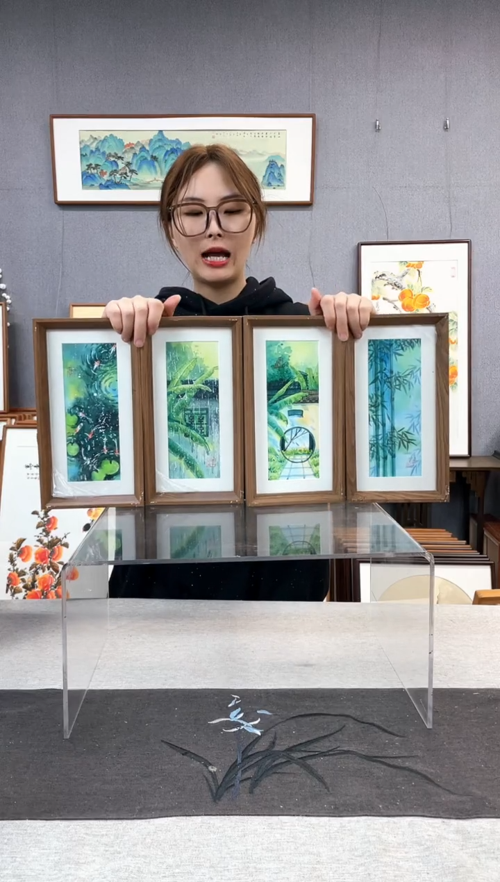 【闪购商品】国画手写手绘带框作品-16*29-四个一套