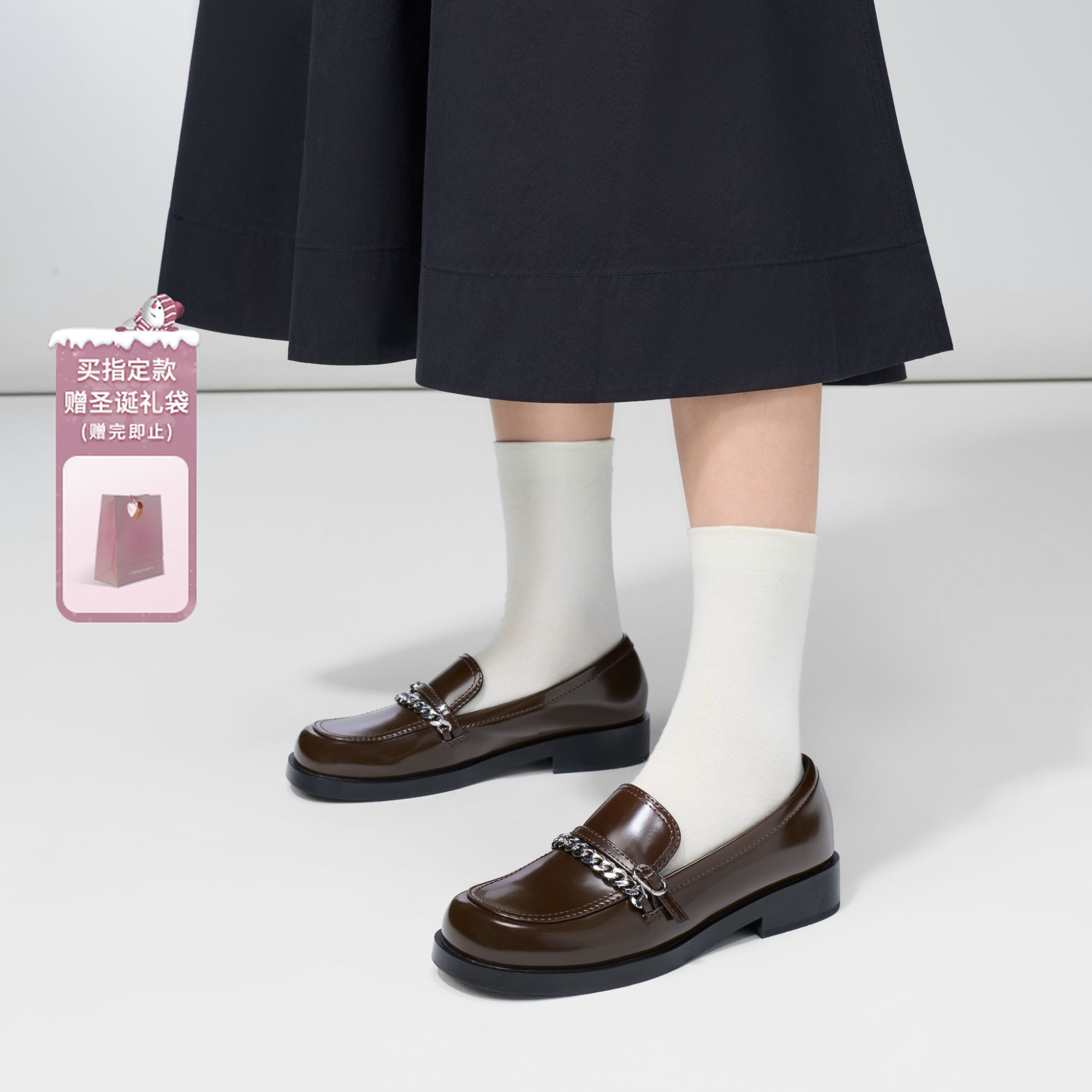 CHARLES & KEITH26春新品英伦风链条漆皮乐福鞋单鞋CK1-70920215