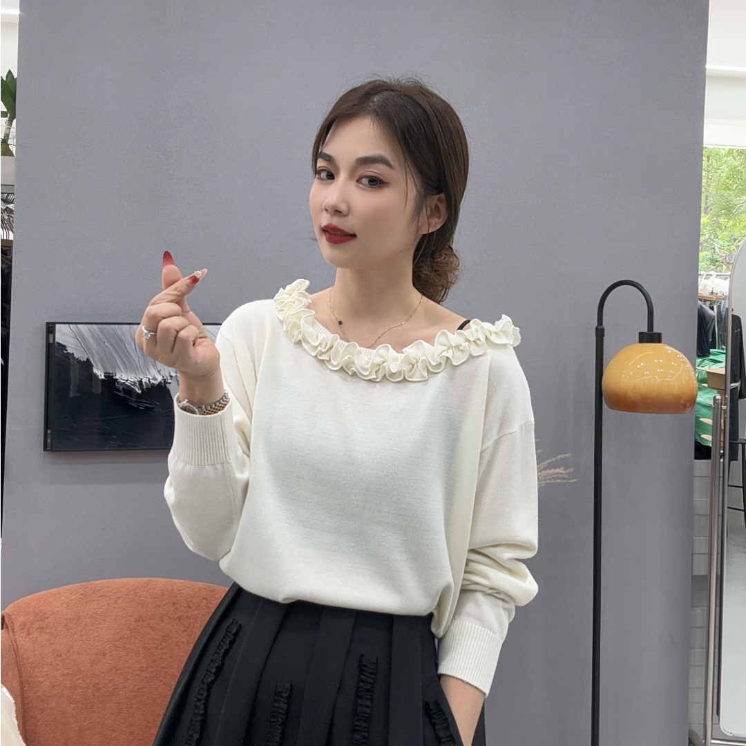 大胡子25年新款长袖显瘦秋冬时尚荷叶边圆领羊毛衫2596