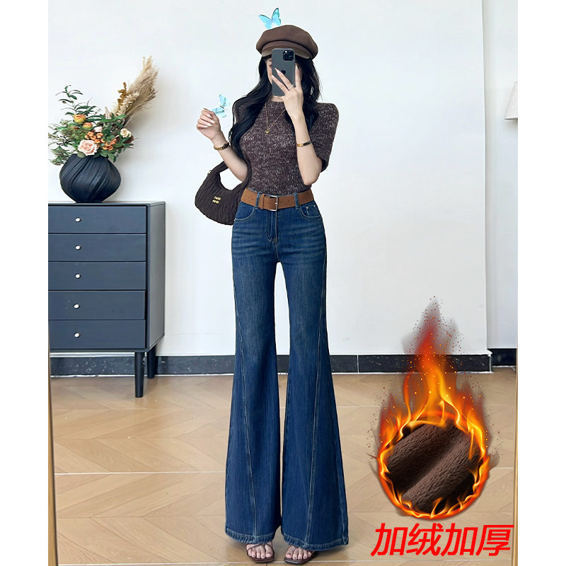 乔栈新款复古时尚微喇牛仔裤女秋冬加绒高腰显瘦设计感小个子喇叭