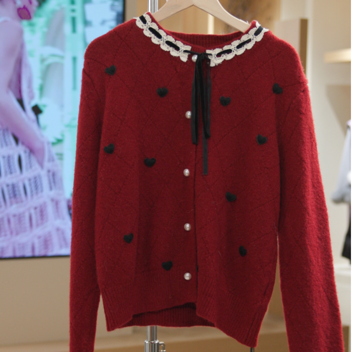10376 红   宽松型长袖女毛针织开衫外套