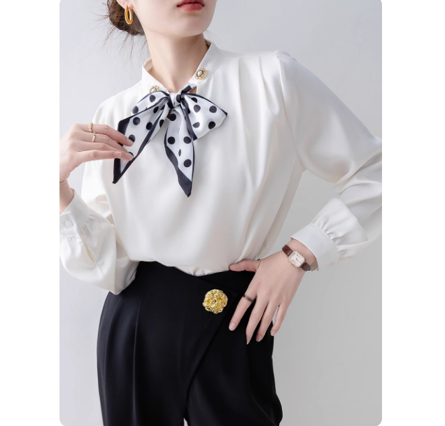 yx091937白色V领蝴蝶结系带衬衫2025女法式设计感衬衣早秋新上衣