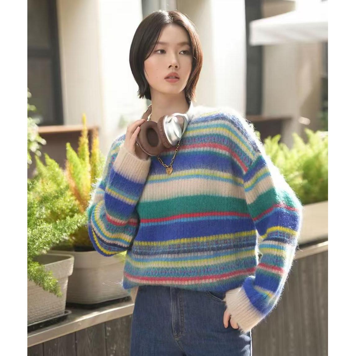 GIRDEAR/哥弟早秋慵懒风百搭经典条纹套头长袖针织衫女138098