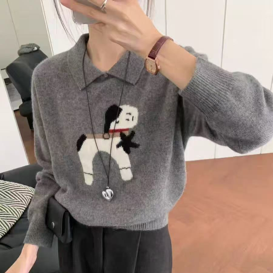 【全羊毛】韩版卡通小狗polo领秋冬时尚百搭毛衣