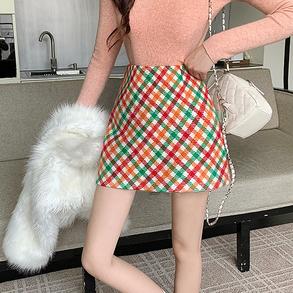 毛呢A字裙明媚彩虹格复古半身裙时尚百搭潮2025大码女装冬季新款