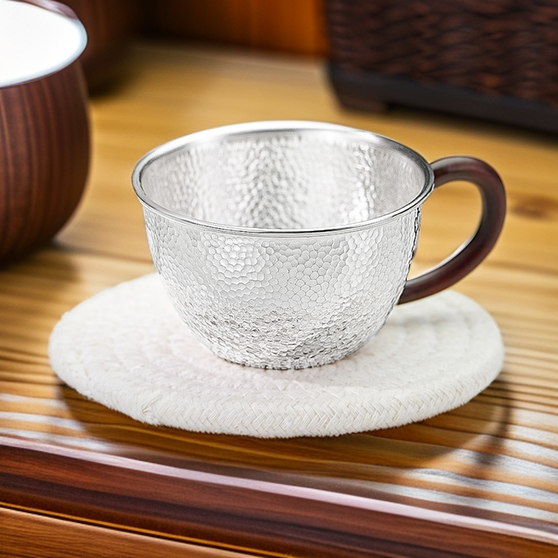 足银银制品 银茶杯999足银杯子纯手工带把银茶杯咖啡杯银主人杯