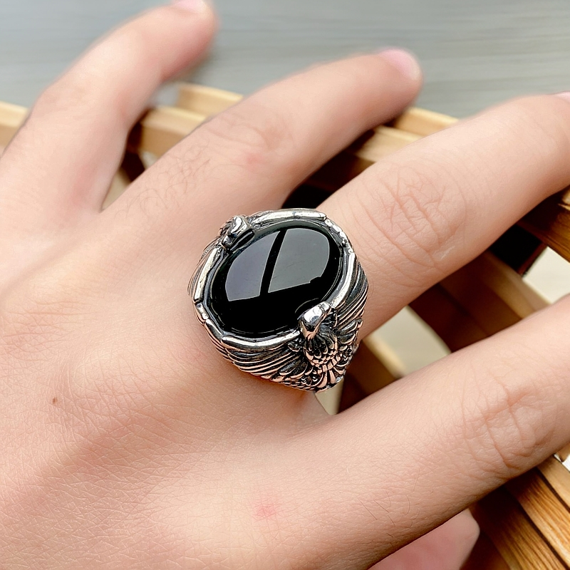 和田玉S925银镶嵌男士气质轻奢时尚复古个性银色银戒重工男款