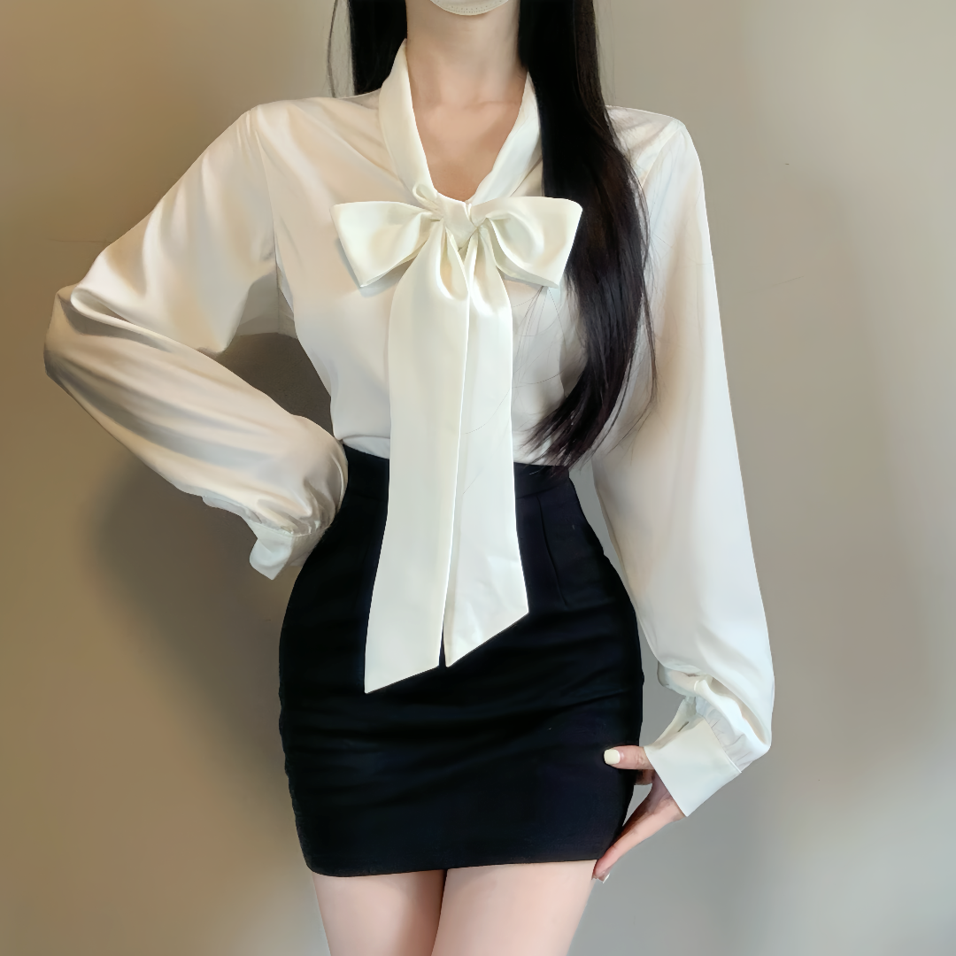 iqcq气球熊纯欲气质秋季白色缎面垂感飘带上衣高腰修身包臀裙套装