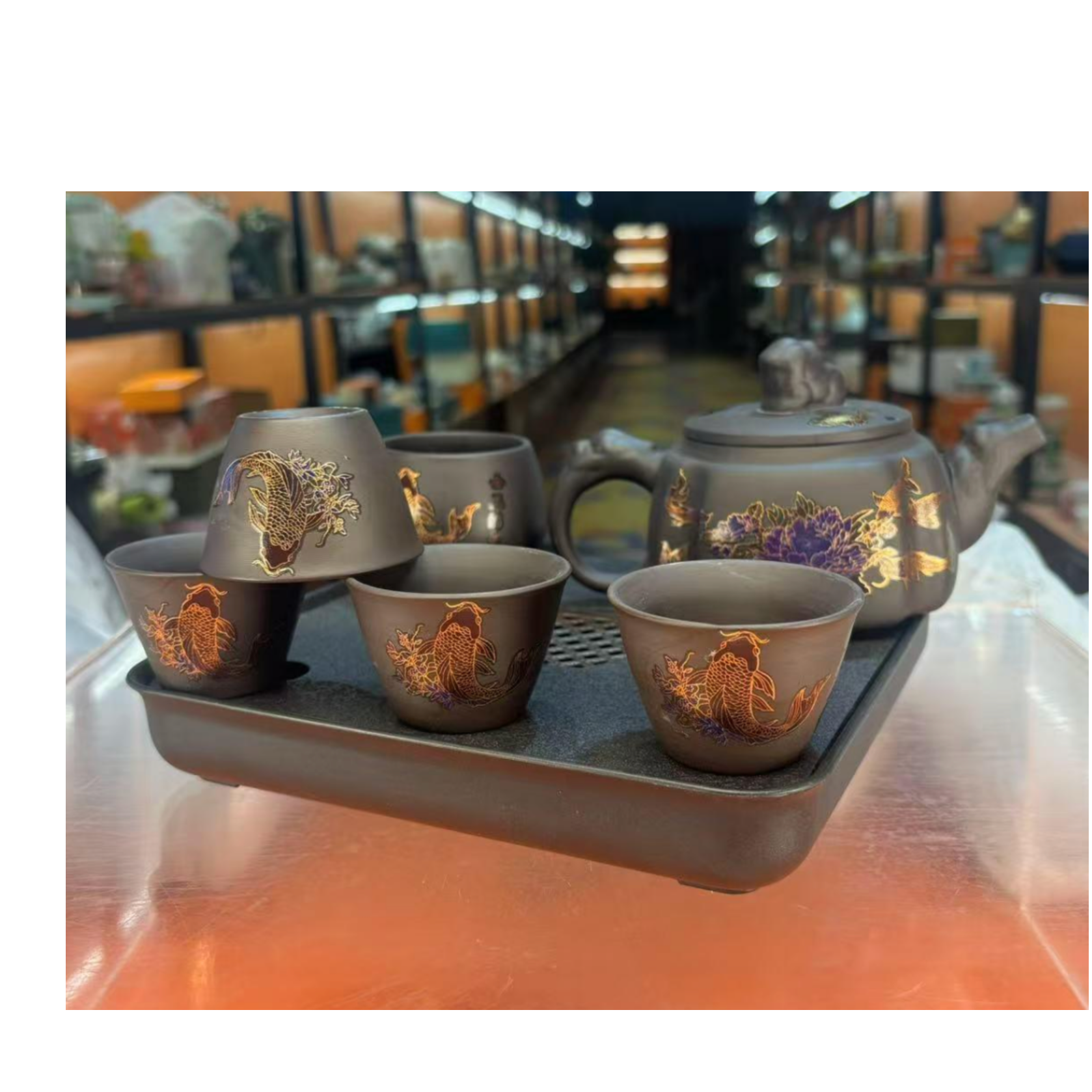 龙窑茶器 黑泥紫砂变色金玉满堂黑四方壶1主人杯4杯盘 2782   （C）