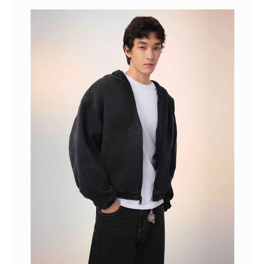 Hollister25秋冬新款黑色连帽水洗廓形牛仔外套男装332-5051