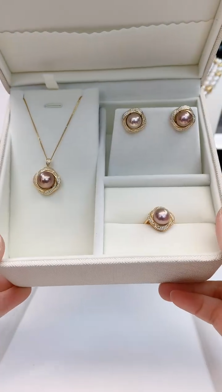 【闪购商品】淡水珍珠耳钉+戒指+吊坠银S925镶嵌淡水套装牛油果