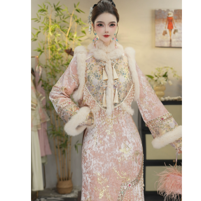 【花享悦·粉裘金阁】新款冬款加绒复古日常旗袍套装（5864+5874）