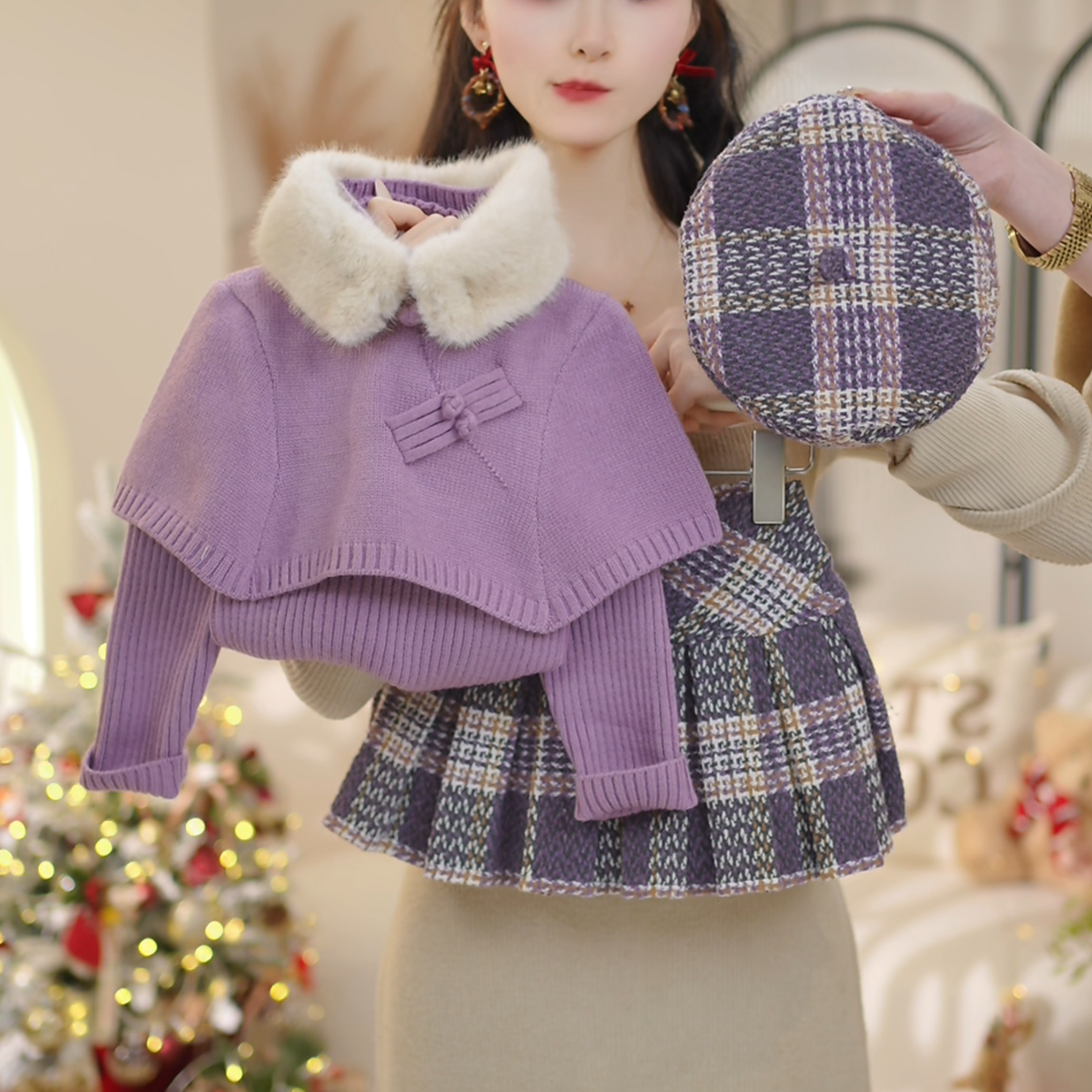 女童2026冬季新款洋气披肩真两件毛领+毛呢格子裙两件套C25205