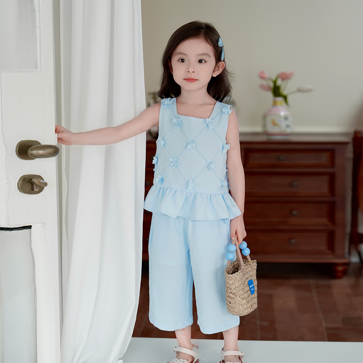 现货【莱依】5209女童夏季女宝时尚休闲女孩无袖九分裤套装两件套