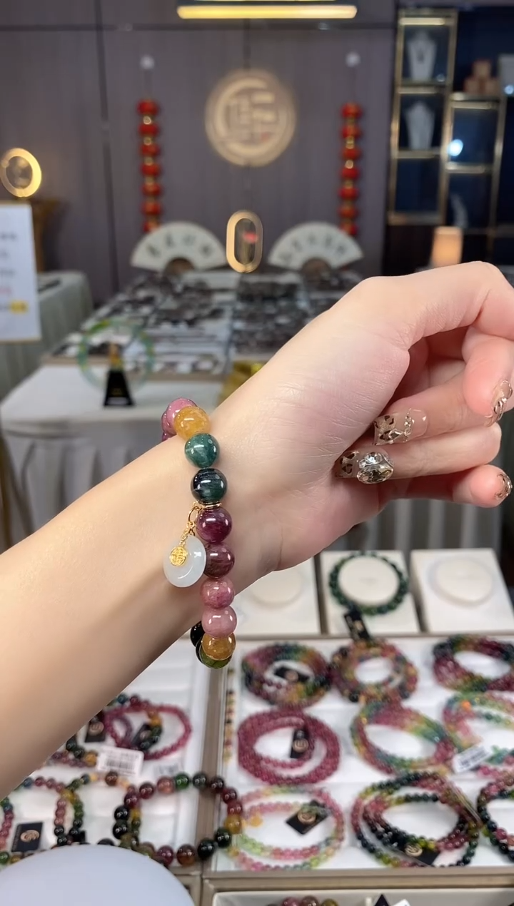 未镶嵌老矿碧玺色标彩虹单圈手串9mm+碧玺dan多样性发货一条