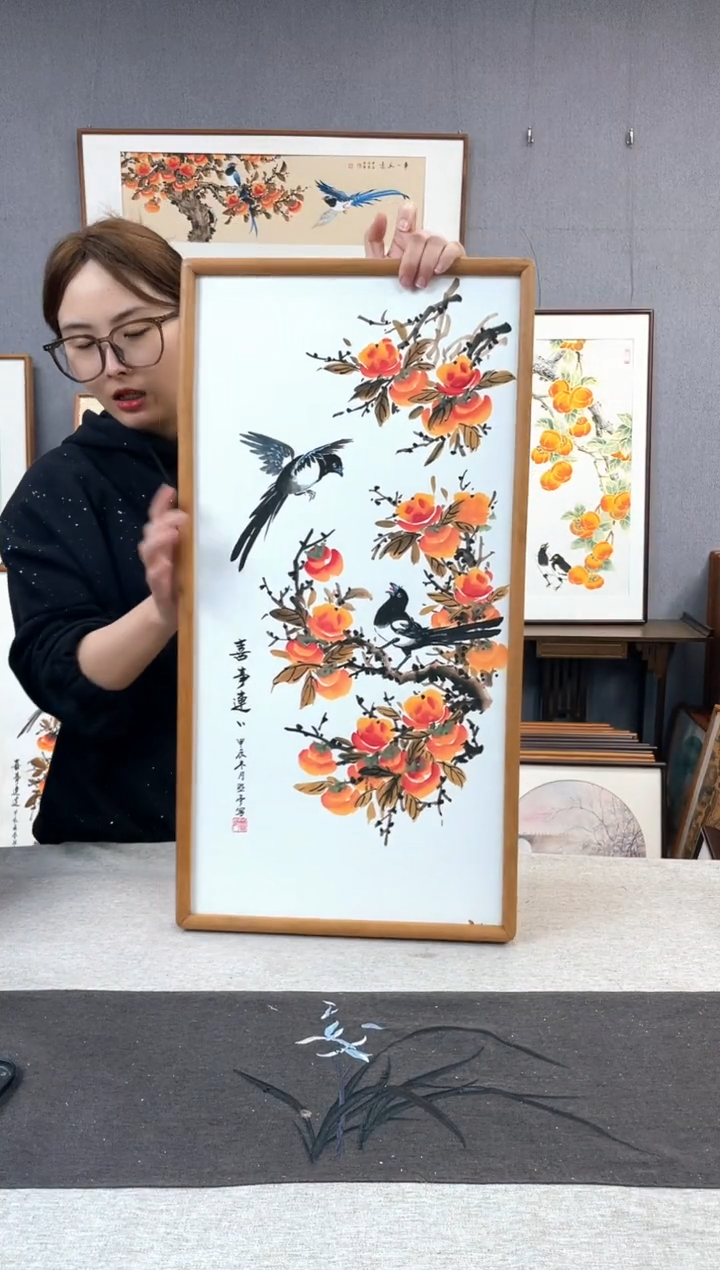 【闪购商品】国画贺照亭-纯手绘带框作品-35*68-柿子