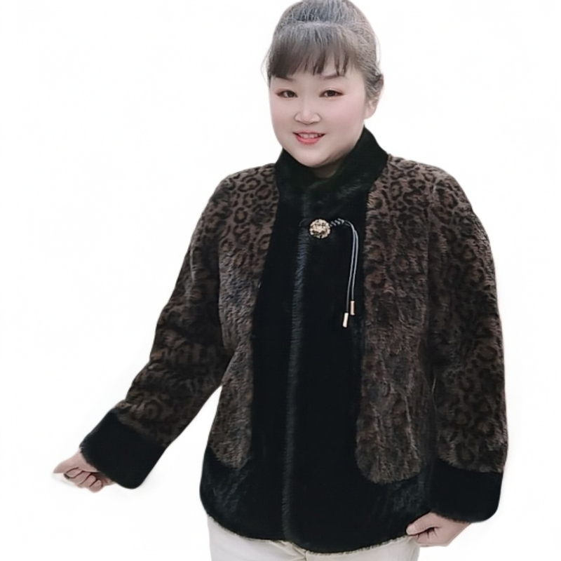 5816拼色水貂绒一体绒国风豹纹立领宽松保暖仿皮草中年妈妈外套