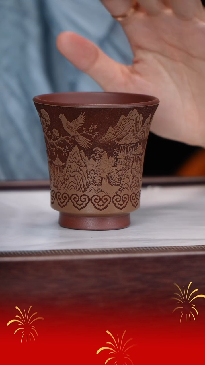 茶壶紫砂牡丹刻绘杯