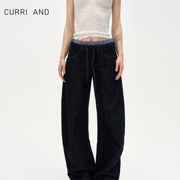 CURRI AND 全棉修身质感原牛色双腰头设计小众休闲直筒休闲弯刀裤