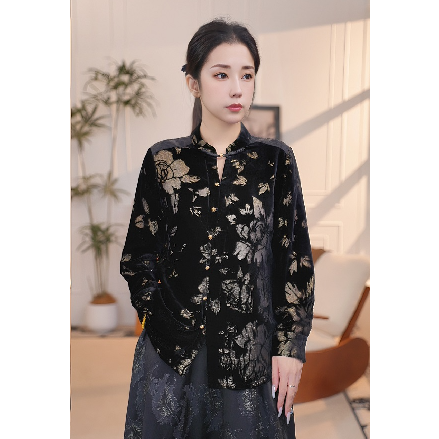【似锦】新中式中国风长袖上衣女士丝绒上衣