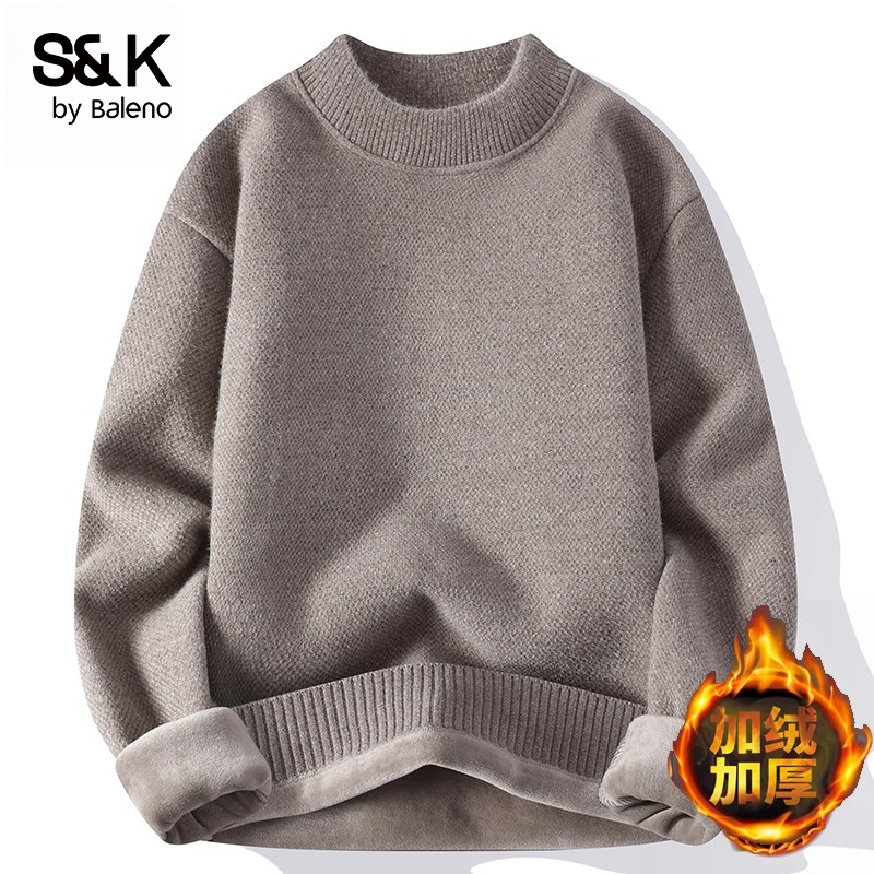 班尼路半高领毛衣男加绒加厚纯色宽松冬季一体绒保暖针织打底衫男