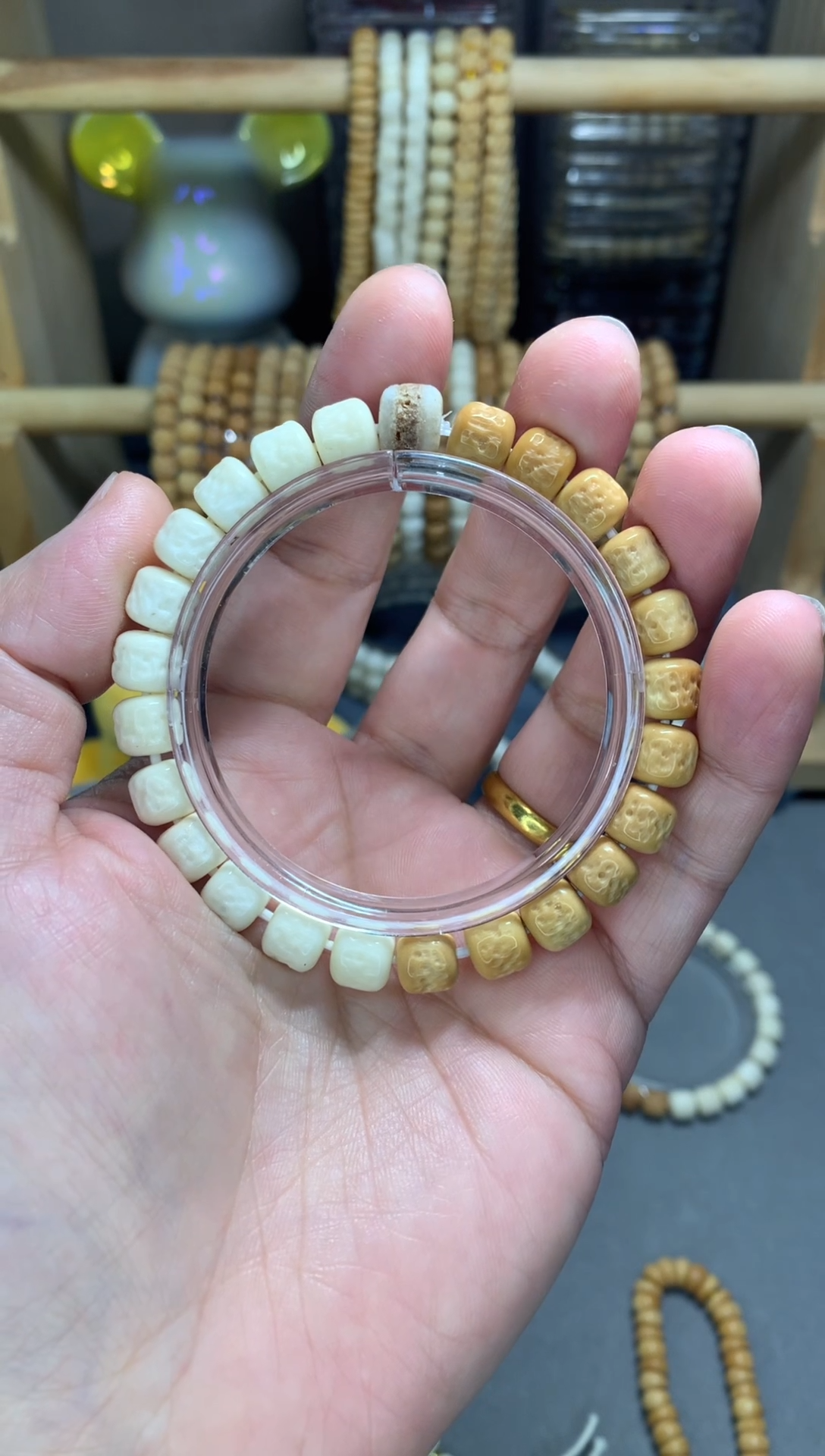 【闪购商品】白玉菩提手串白玉菩提雕刻白嘎黄嘎*融合*卡8.3单圈