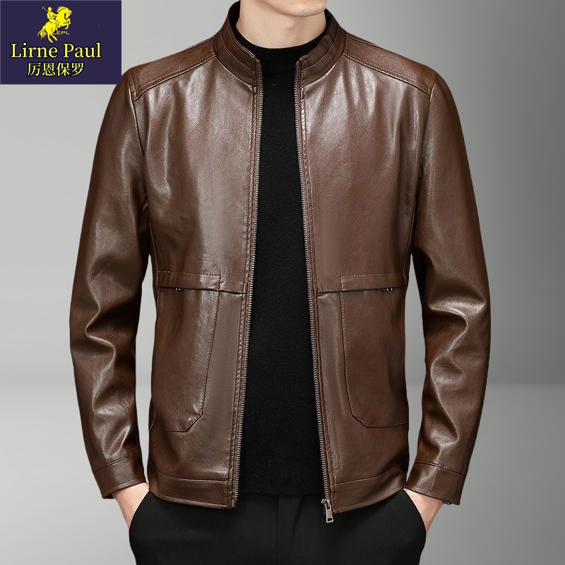 厉恩保罗男士春秋新款机车立领拉链皮衣夹克百搭上衣男装时尚外套