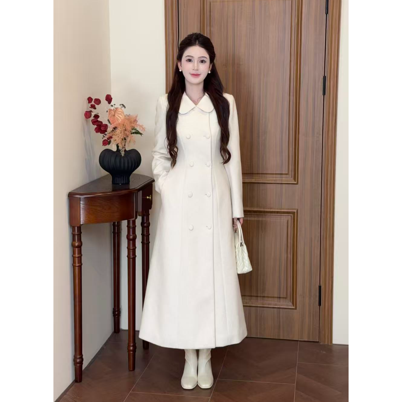 LiLi李李家【芝士奶油】温柔千金风韩版加棉米白色大衣XMZH10088