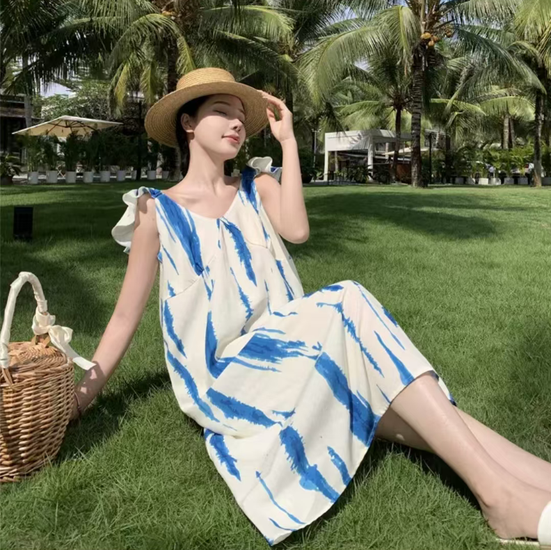 【裙长107】宽松显瘦蓝色桔梗吊带连衣裙女中长过膝度假裙3083【12】