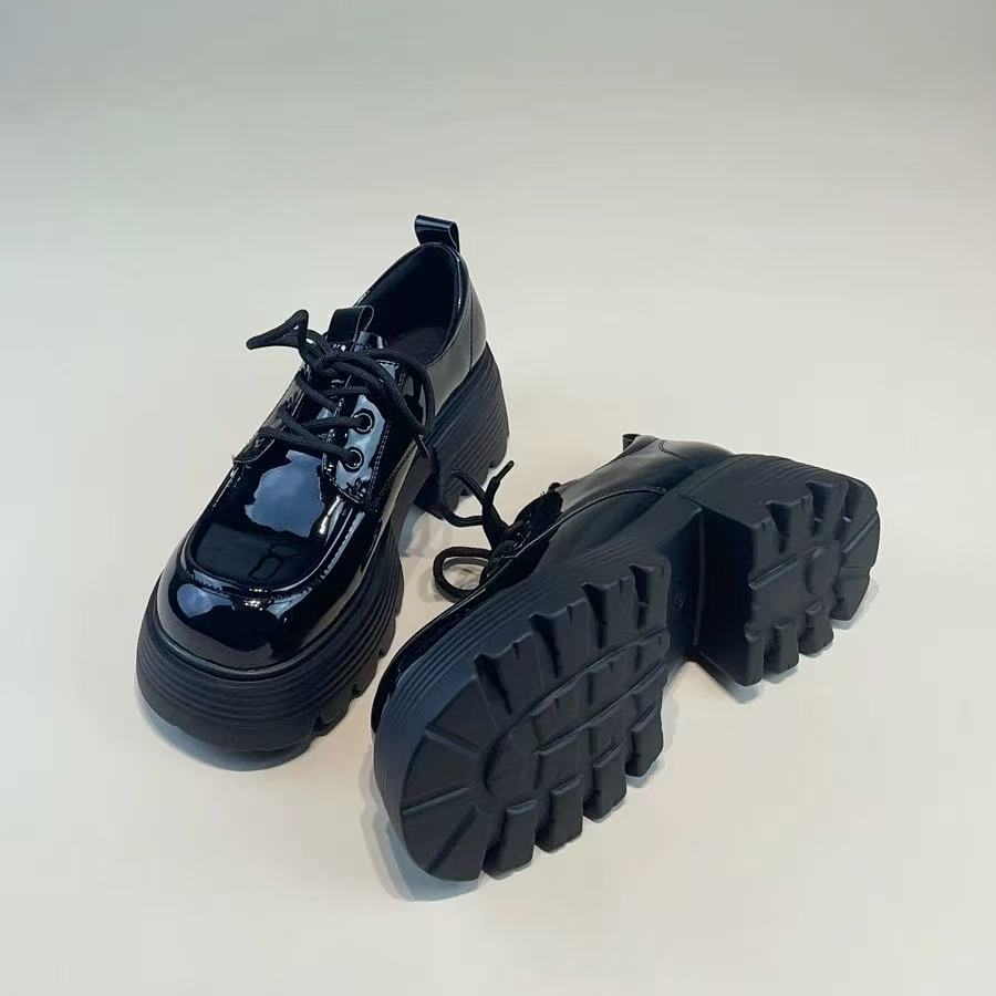 新款系带时尚英伦冬季乐福鞋防水台防水高跟单鞋厚底