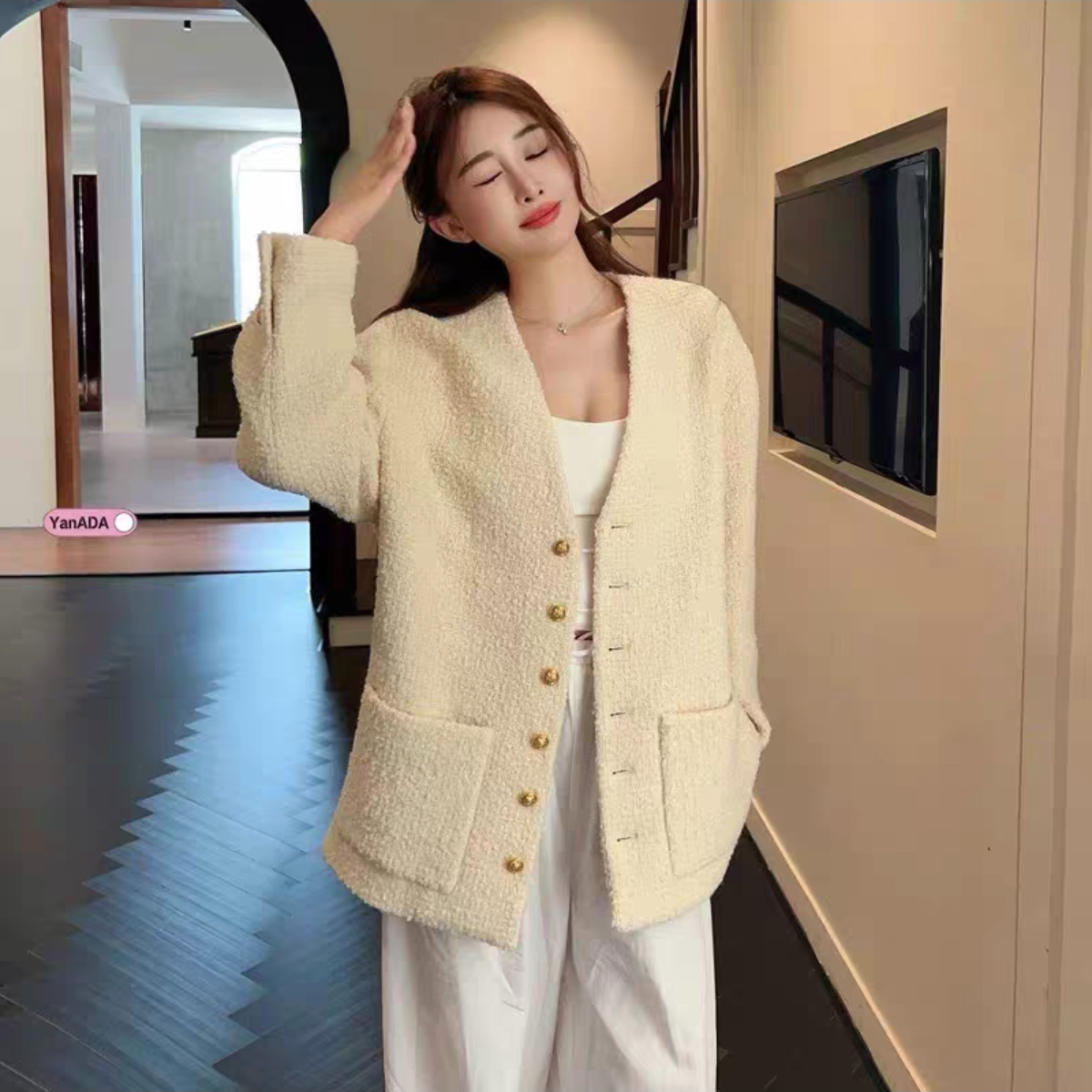 未使用 Celine/思琳 汤/P235603784/米色粗针织外套 