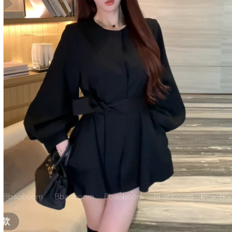 灯笼袖宽松型休闲风长袖圆领收腰复古气质毛呢外套