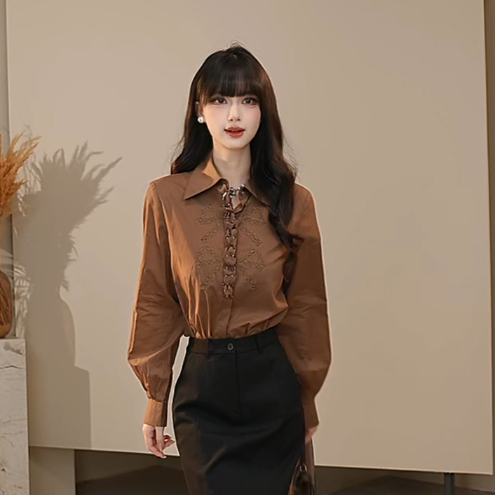 AMASS/阿玛施早春新款流光风百搭宽松设计款衬衫530039长袖翻领